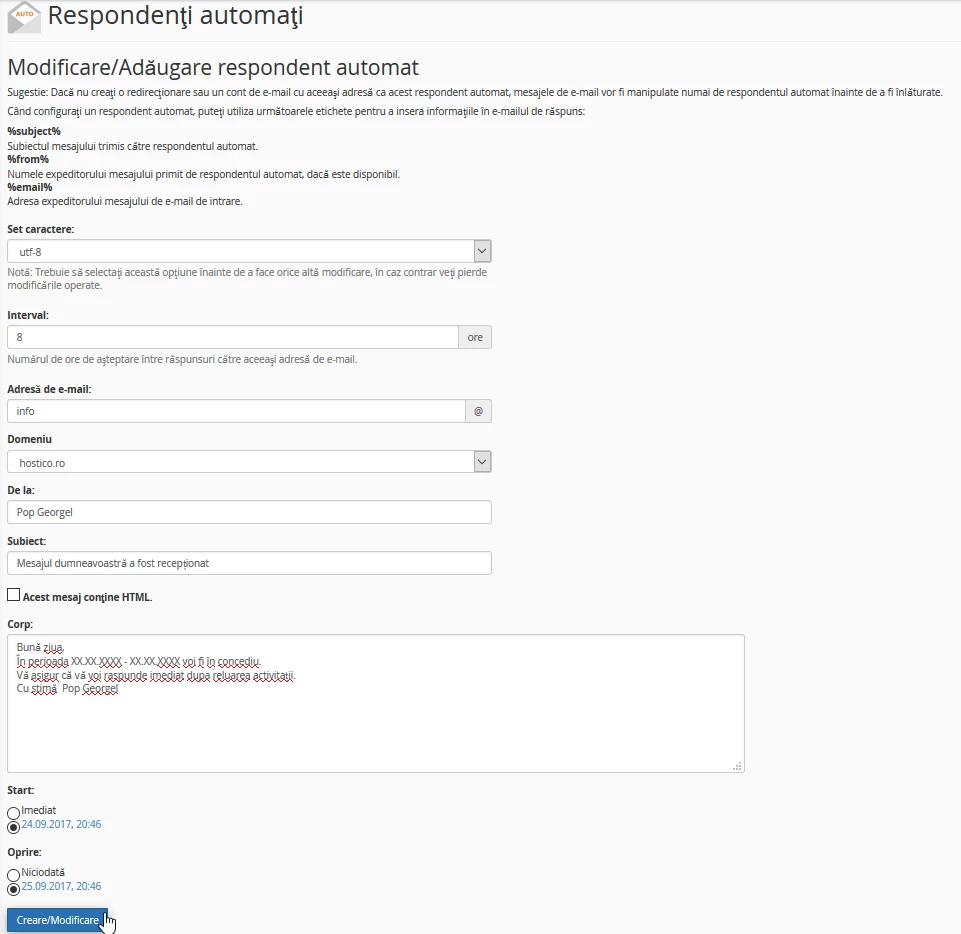 Respondenti automati modificare /adaugare