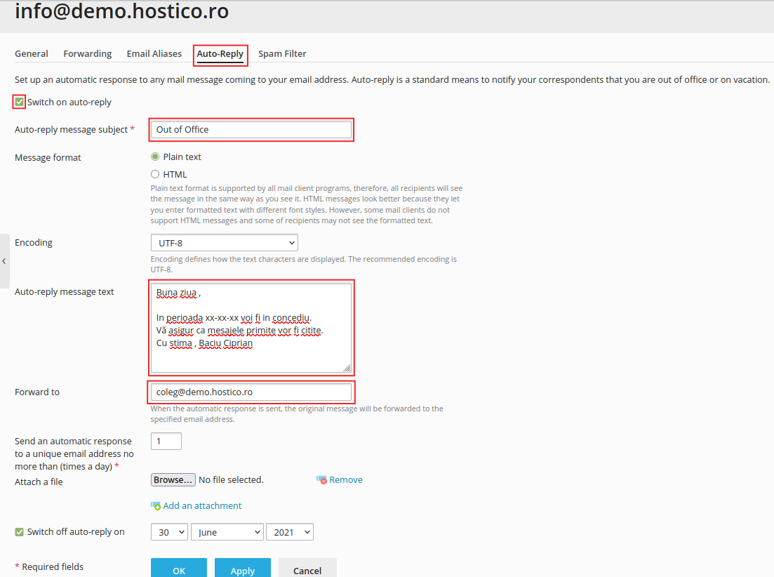 auto-reply mail plesk