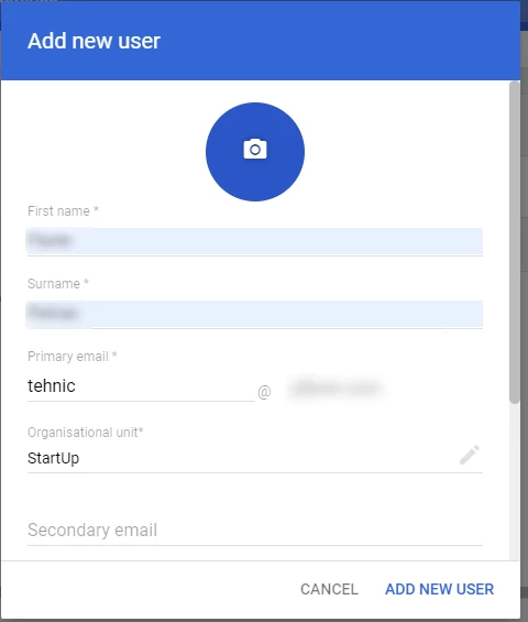 Adăugare utilizator G Suite